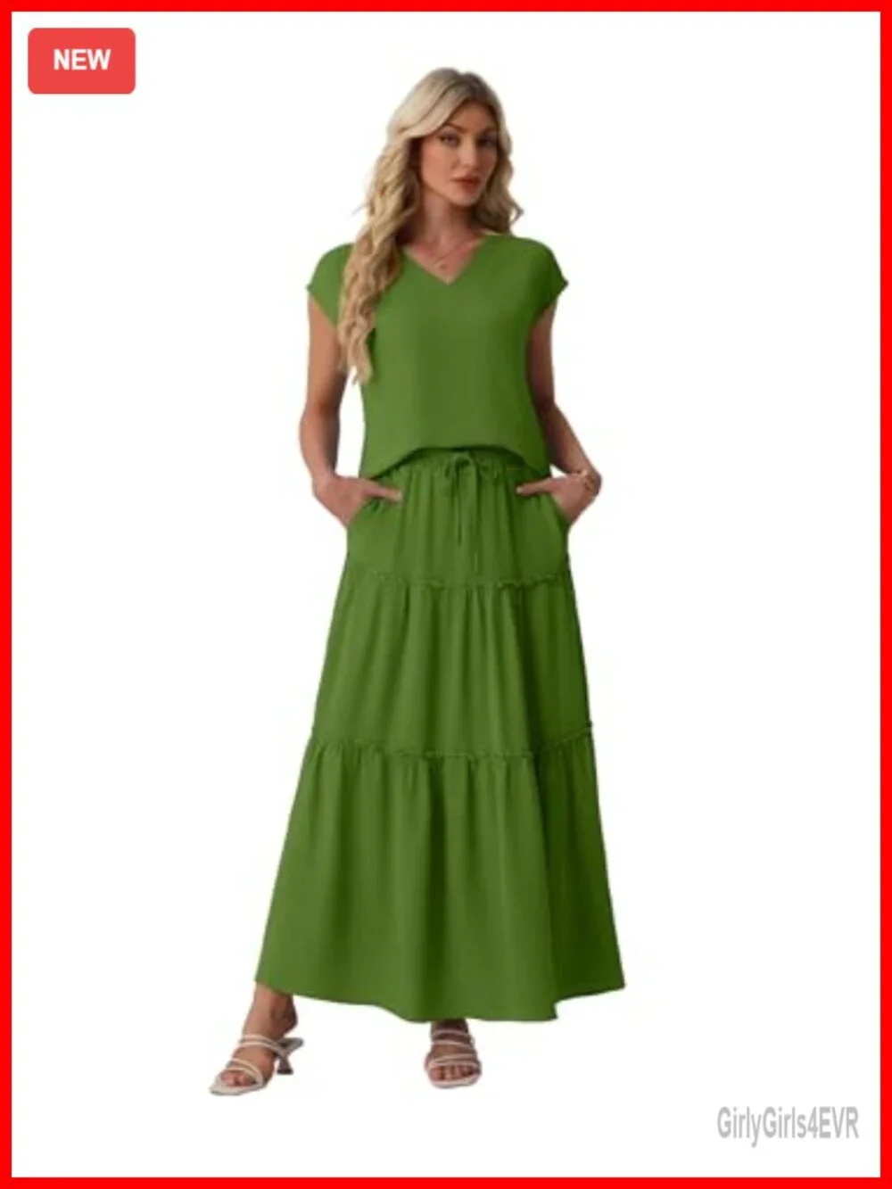 2 Piece Maxi Skirt Set V Neck Top Flowy Office Casual Outfit